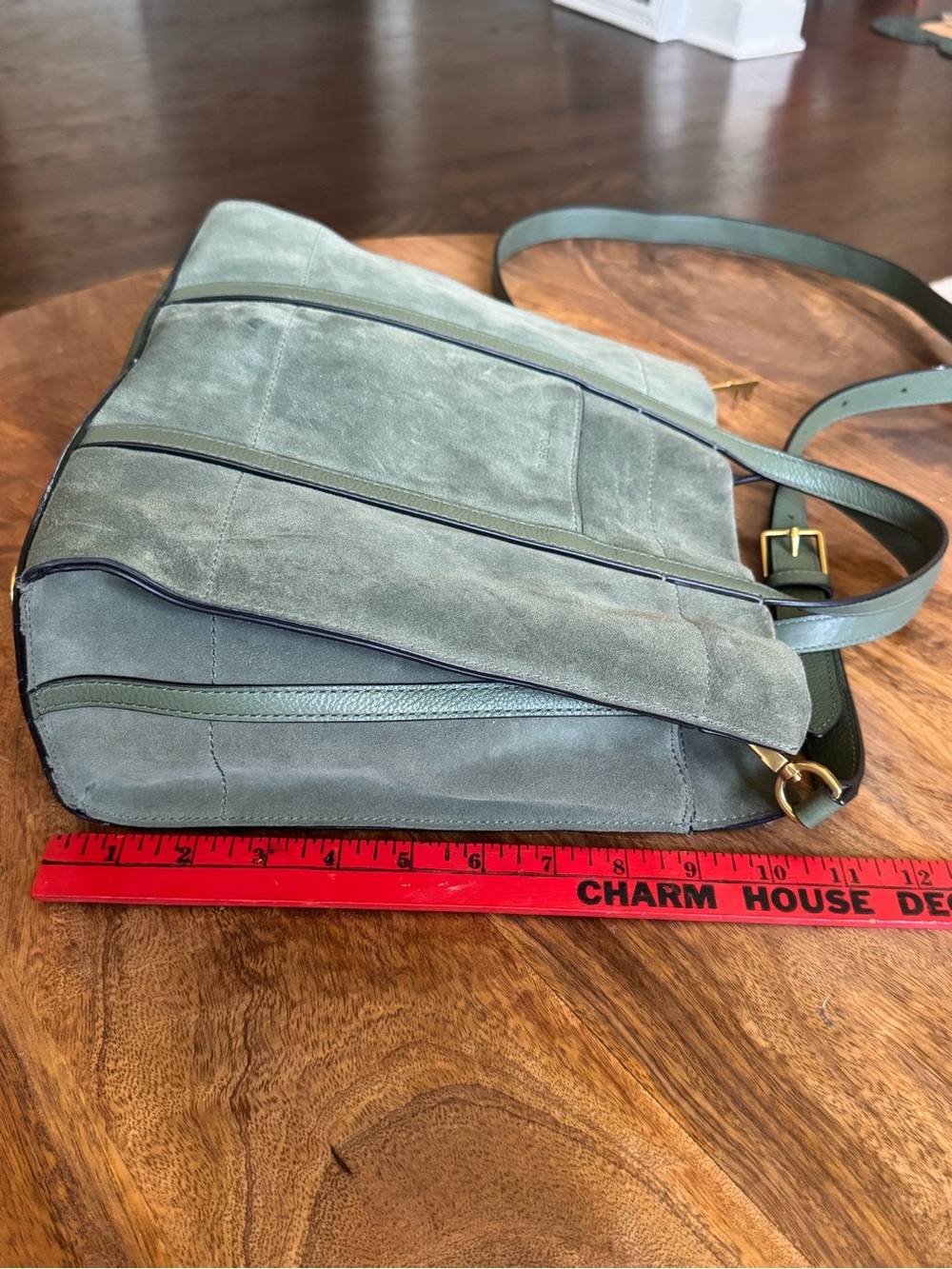 Fossil Carmen Shopper Green Suede Pink Leather Stripes Crossbody Top Handle Tote - Picture 9 of 14
